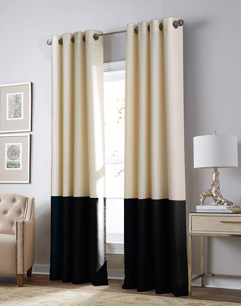 Curtainworks Kendall Color Block Grommet Curtain Panel, 84 inch(84"L x 52"W) , Cream/Black - Image 1